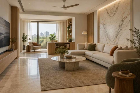 AI-generated living room design concept: lounge and reading bay, marble restraint direction
