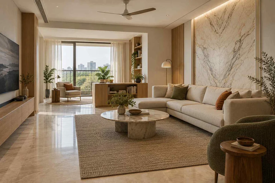 AI-generated living room design concept: lounge and reading bay, marble restraint direction