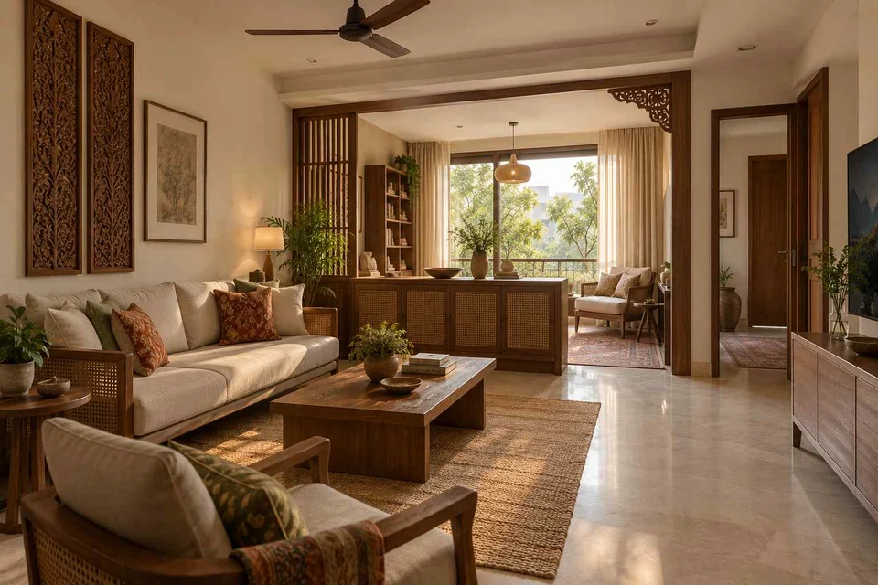 AI-generated living room design concept: lounge and reading bay, modern carved direction