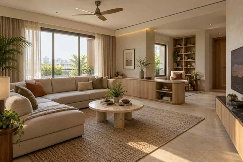 AI-generated living room design concept: lounge and reading bay, quiet contemporary direction