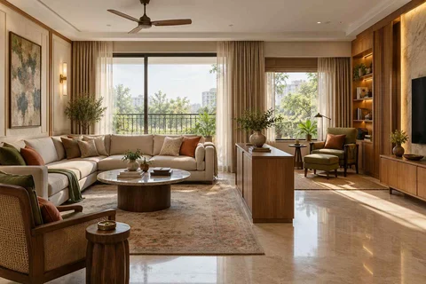 AI-generated living room design concept: lounge and reading bay, quiet transitional direction