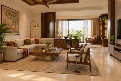 AI-generated living room design concept: lounge and reading bay, rosewood brass direction