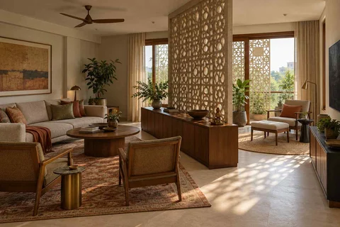 AI-generated living room design concept: lounge and reading bay, sandstone lattice direction