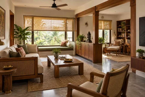 AI-generated living room design concept: lounge and reading bay, teak craft direction
