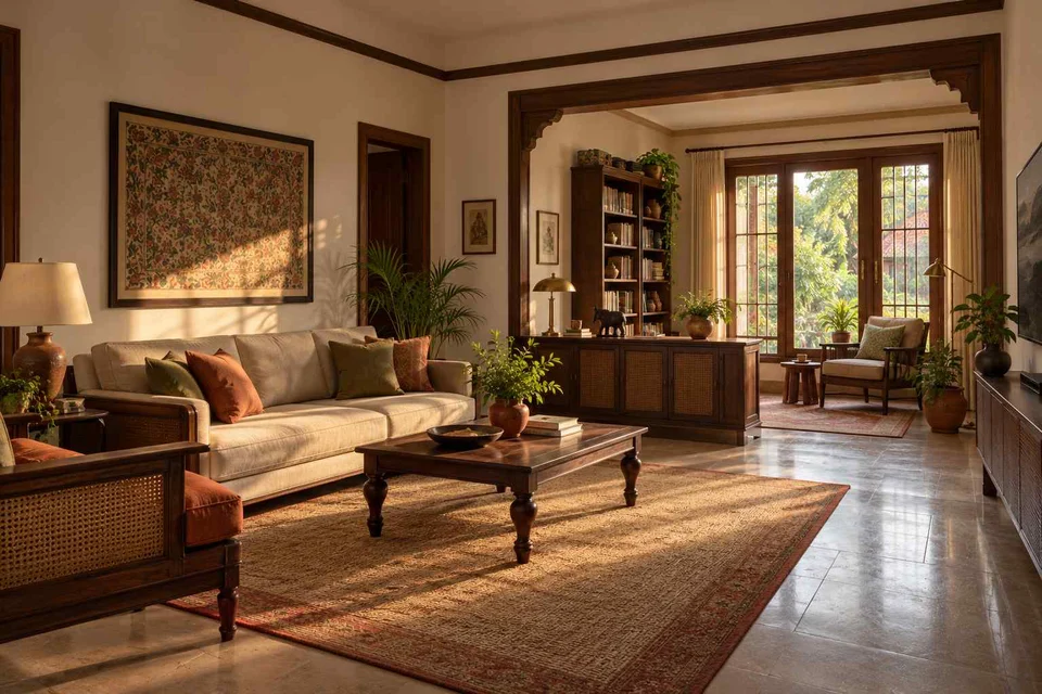 AI-generated living room design concept: lounge and reading bay, terracotta heritage direction