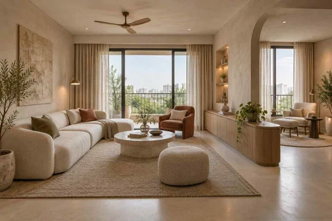 AI-generated living room design concept: lounge and reading bay, textured mineral direction