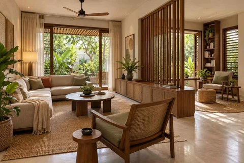 AI-generated living room design concept: lounge and reading bay, tropical slatted direction