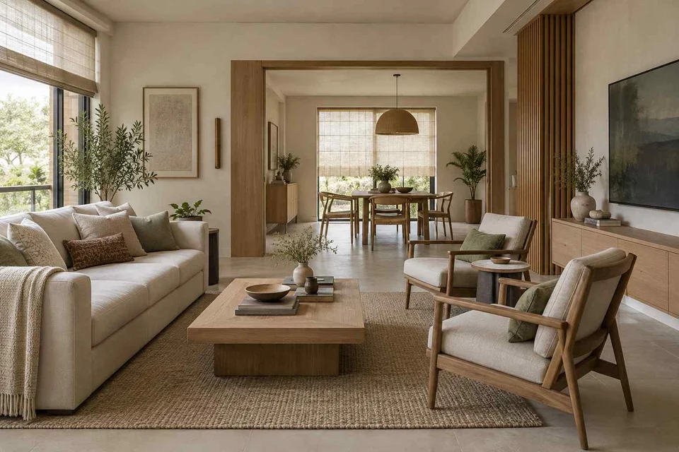 AI-generated living room design concept: open living dining edge, ash and linen direction