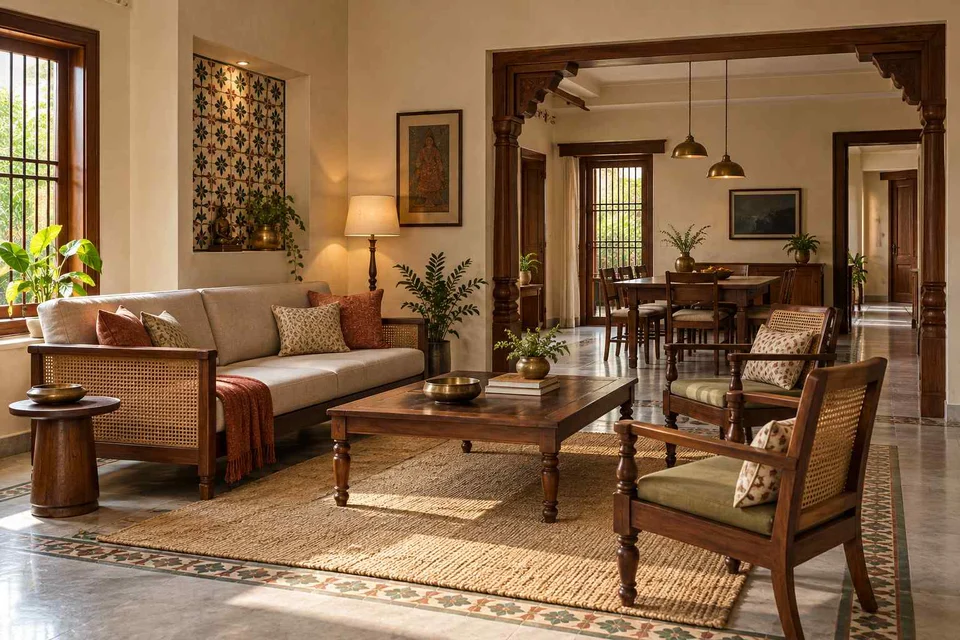AI-generated living room design concept: open living dining edge, chettinad tile direction