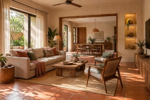 AI-generated living room design concept: open living dining edge, clay artisan direction