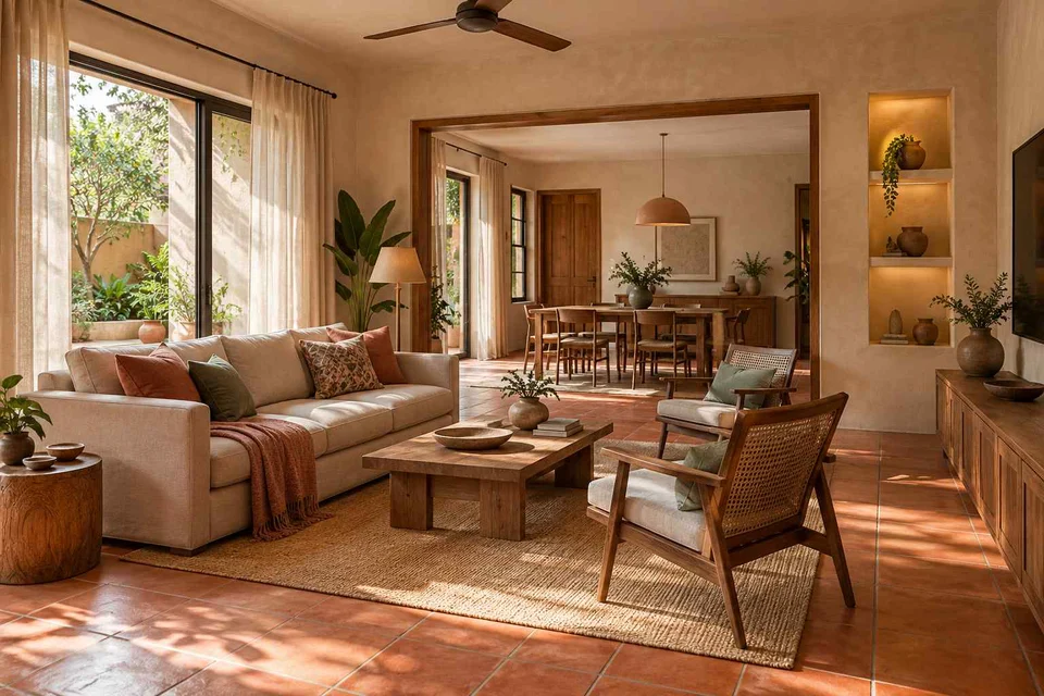 AI-generated living room design concept: open living dining edge, clay artisan direction