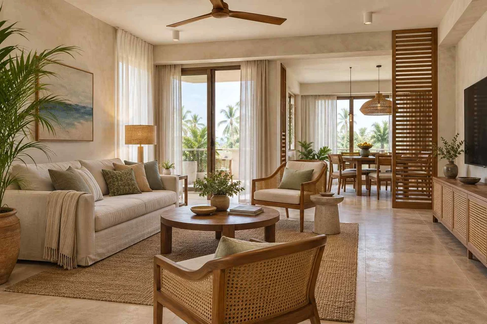 AI-generated living room design concept: open living dining edge, coastal woven direction
