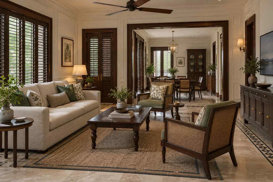 AI-generated living room design concept: open living dining edge, colonial quiet direction
