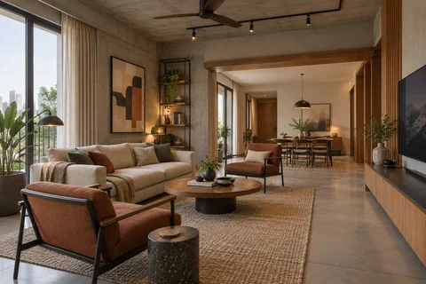 AI-generated living room design concept: open living dining edge, concrete and oak direction