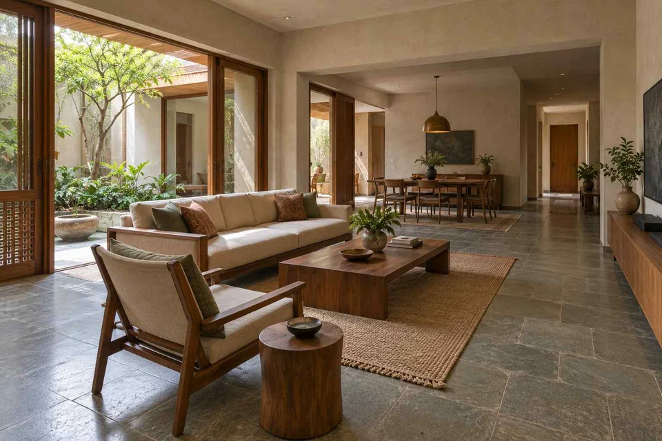 AI-generated living room design concept: open living dining edge, courtyard modern direction