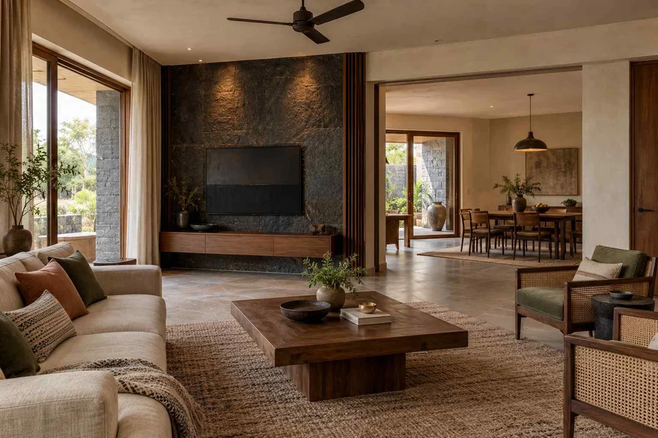 AI-generated living room design concept: open living dining edge, deccan stone direction