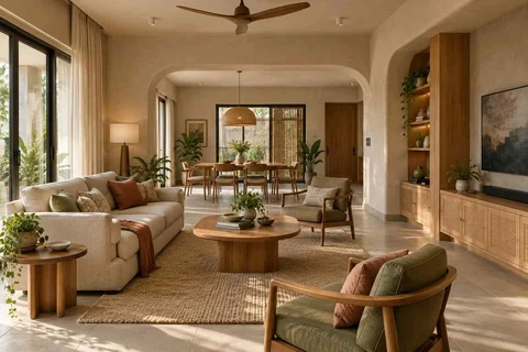 AI-generated living room design concept: open living dining edge, earth and bamboo direction
