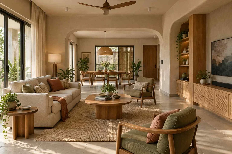 AI-generated living room design concept: open living dining edge, earth and bamboo direction