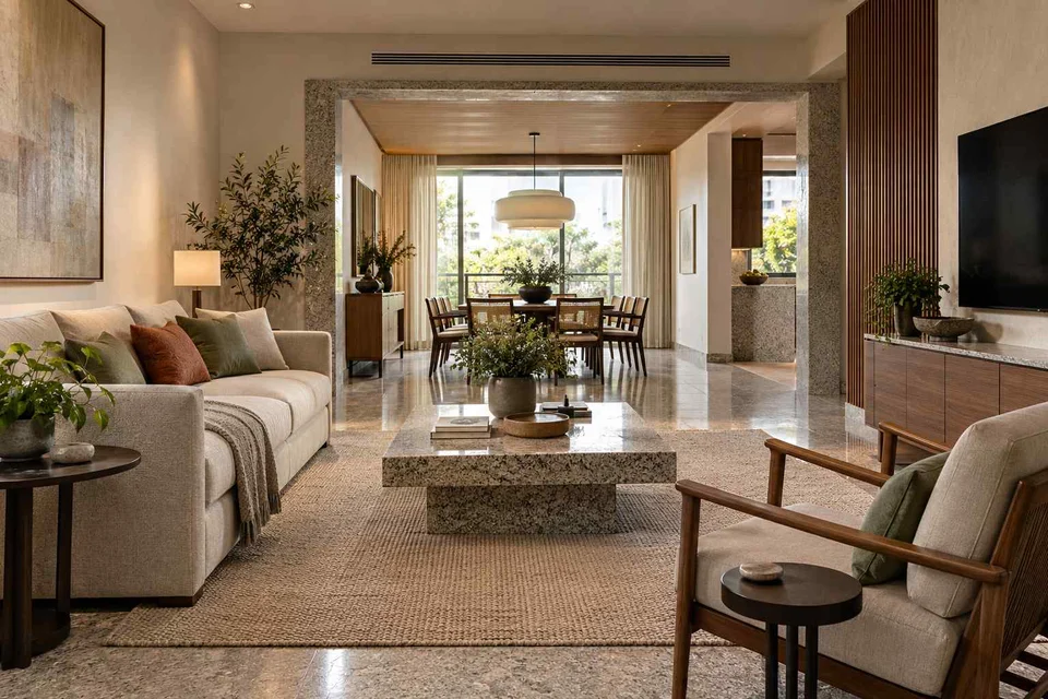 AI-generated living room design concept: open living dining edge, granite precision direction