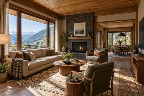 AI-generated living room design concept: open living dining edge, hill timber direction