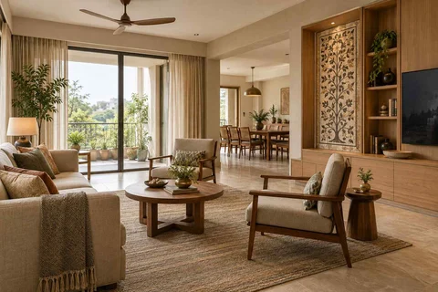 AI-generated living room design concept: open living dining edge, inlay atelier direction