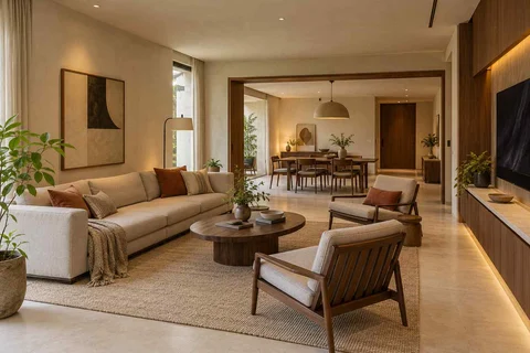 AI-generated living room design concept: open living dining edge, lime and walnut direction