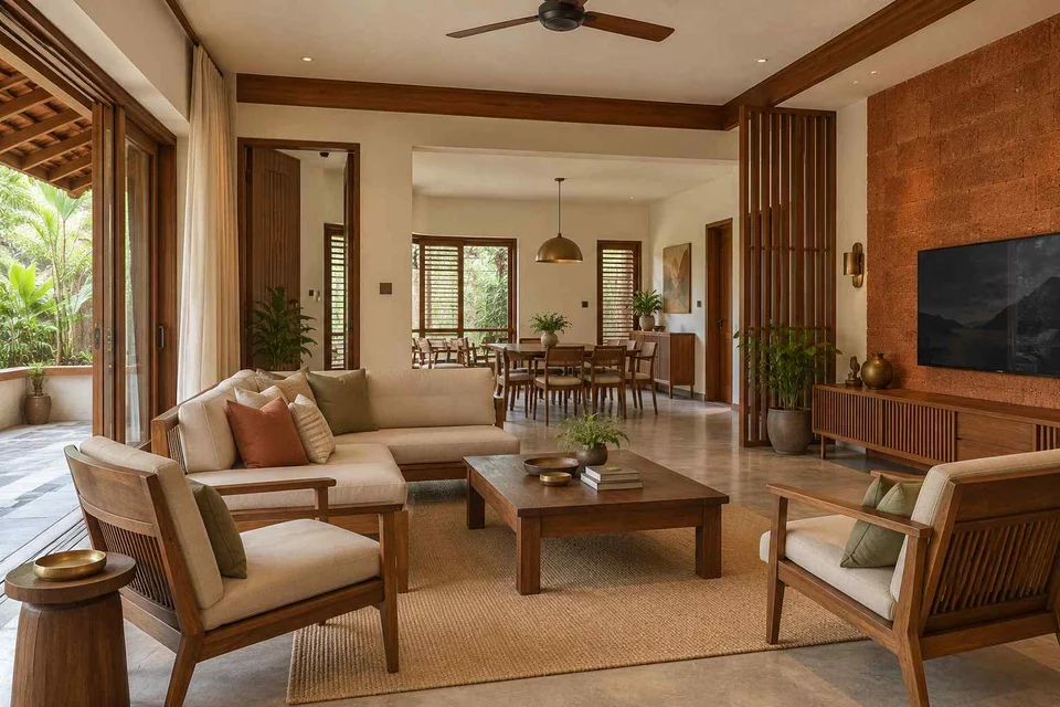 AI-generated living room design concept: open living dining edge, malabar timber direction