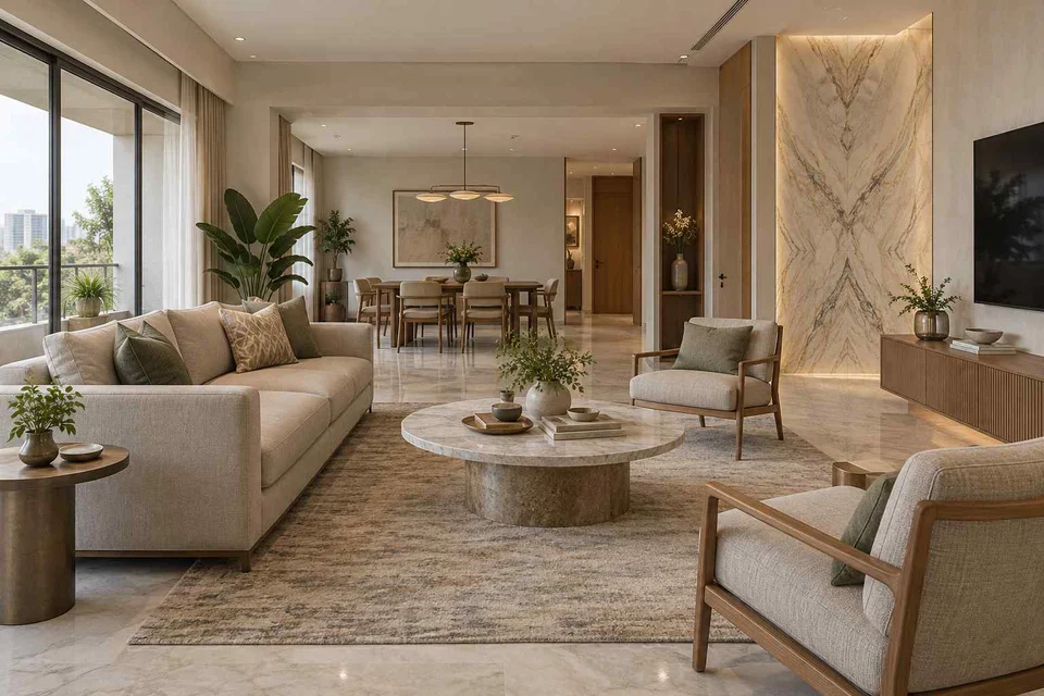 AI-generated living room design concept: open living dining edge, marble restraint direction
