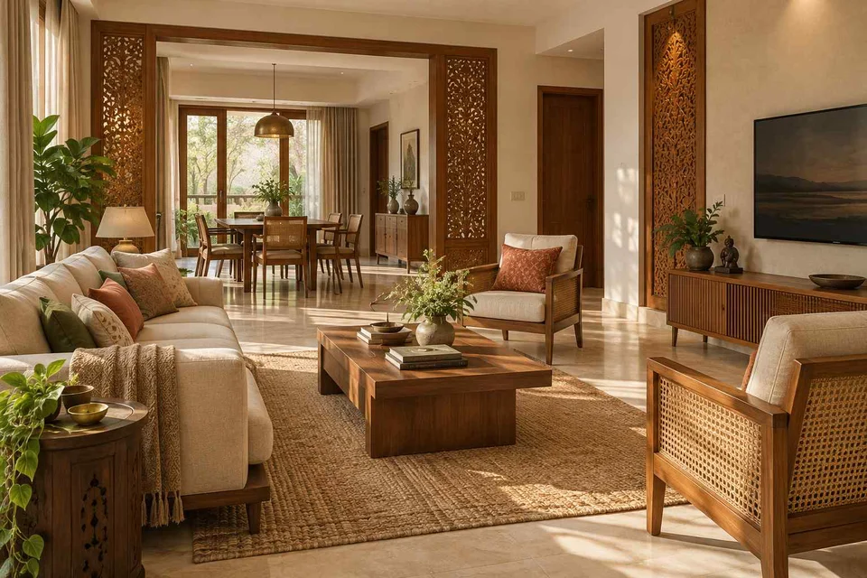 AI-generated living room design concept: open living dining edge, modern carved direction
