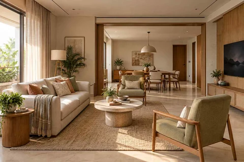 AI-generated living room design concept: open living dining edge, quiet contemporary direction