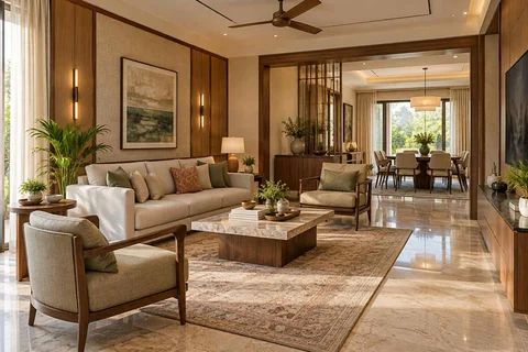AI-generated living room design concept: open living dining edge, quiet transitional direction