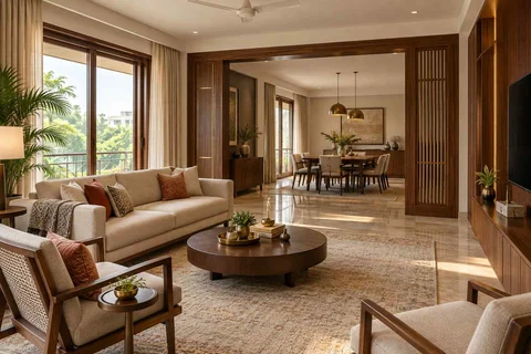 AI-generated living room design concept: open living dining edge, rosewood brass direction