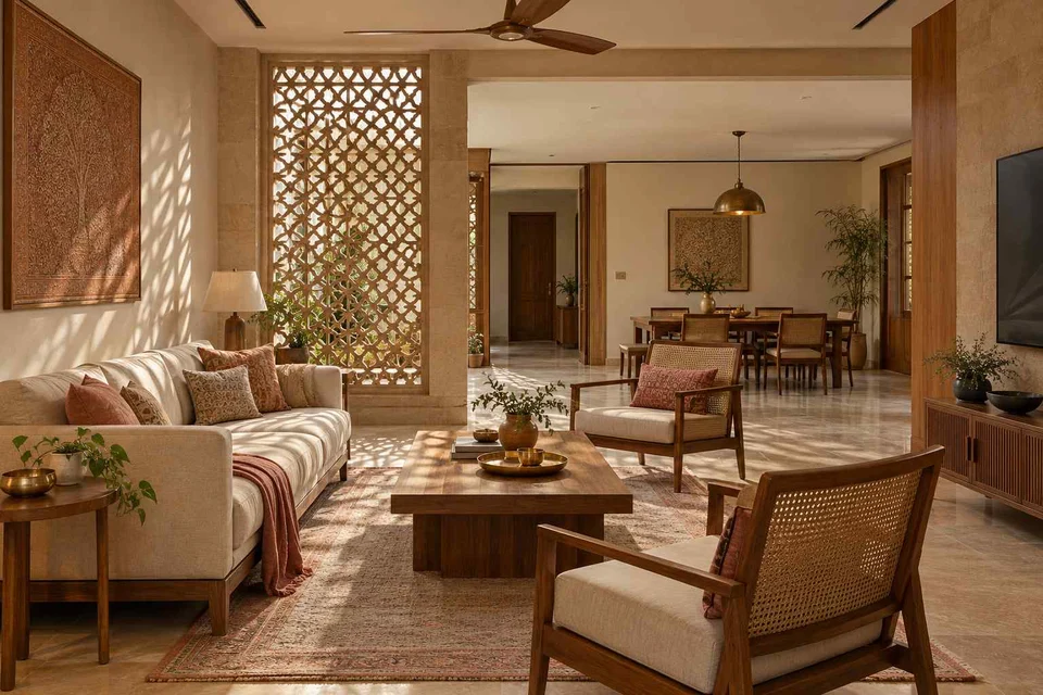 AI-generated living room design concept: open living dining edge, sandstone lattice direction