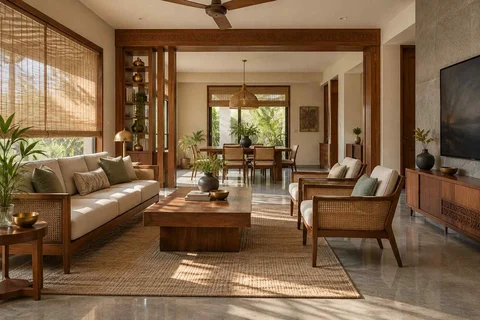 AI-generated living room design concept: open living dining edge, teak craft direction