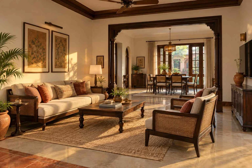 AI-generated living room design concept: open living dining edge, terracotta heritage direction