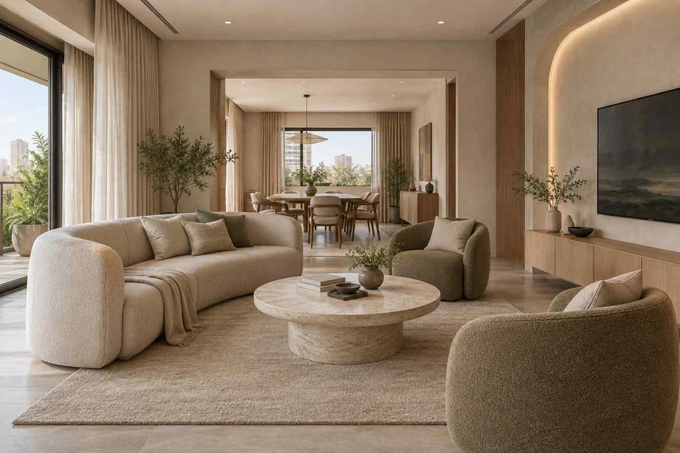 AI-generated living room design concept: open living dining edge, textured mineral direction