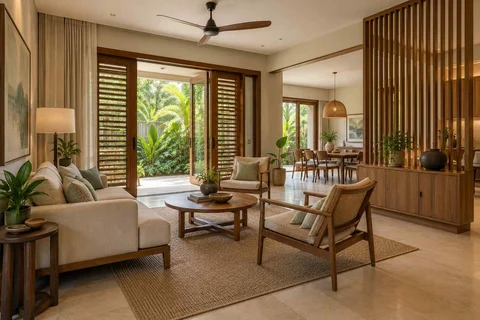 AI-generated living room design concept: open living dining edge, tropical slatted direction
