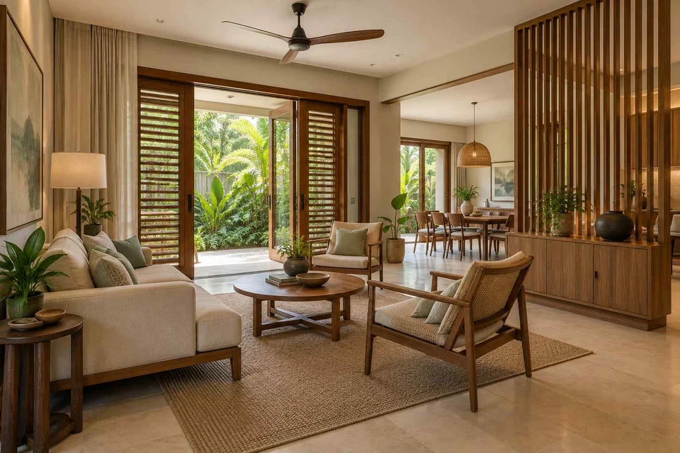 AI-generated living room design concept: open living dining edge, tropical slatted direction