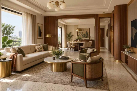 AI-generated living room design concept: open living dining edge, urban deco direction