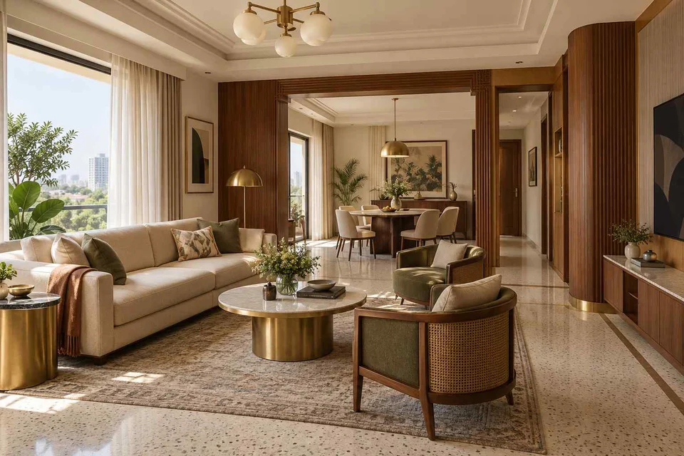 AI-generated living room design concept: open living dining edge, urban deco direction