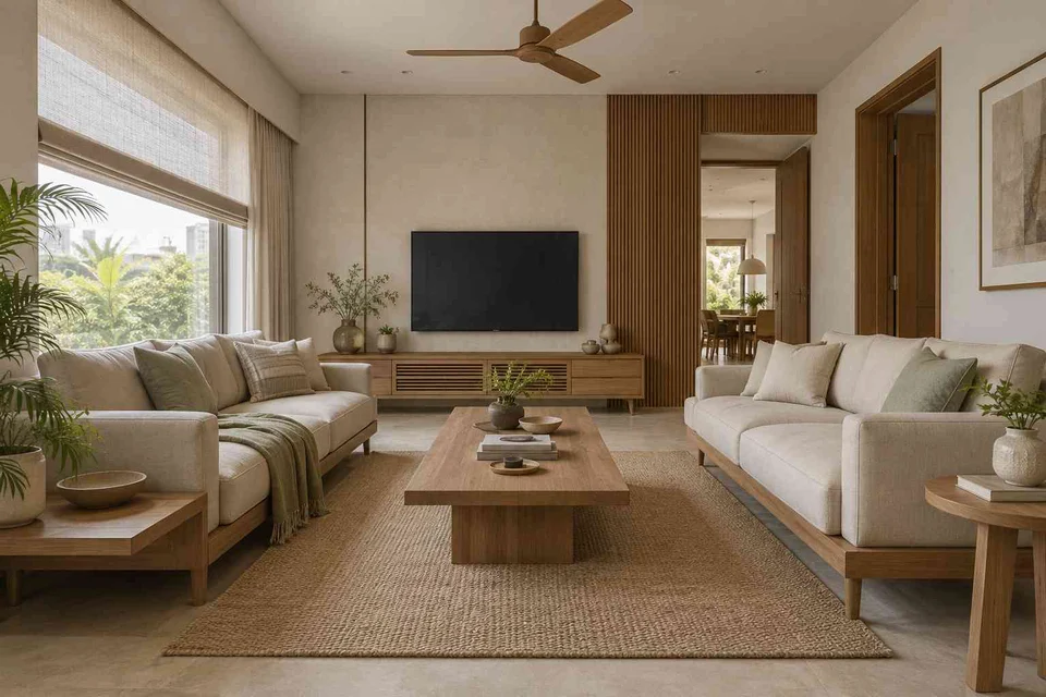AI-generated living room design concept: parallel family sofas, ash and linen direction