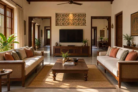 AI-generated living room design concept: parallel family sofas, chettinad tile direction