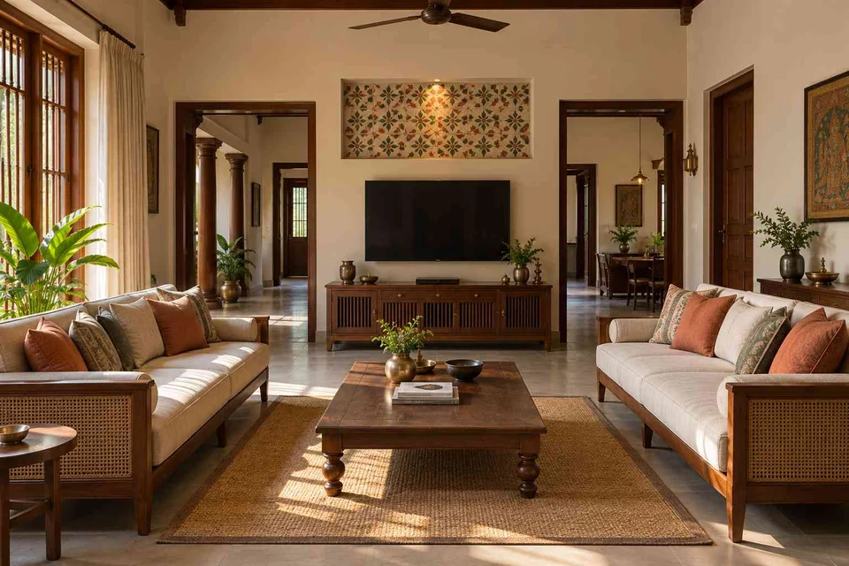AI-generated living room design concept: parallel family sofas, chettinad tile direction