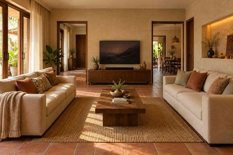 AI-generated living room design concept: parallel family sofas, clay artisan direction