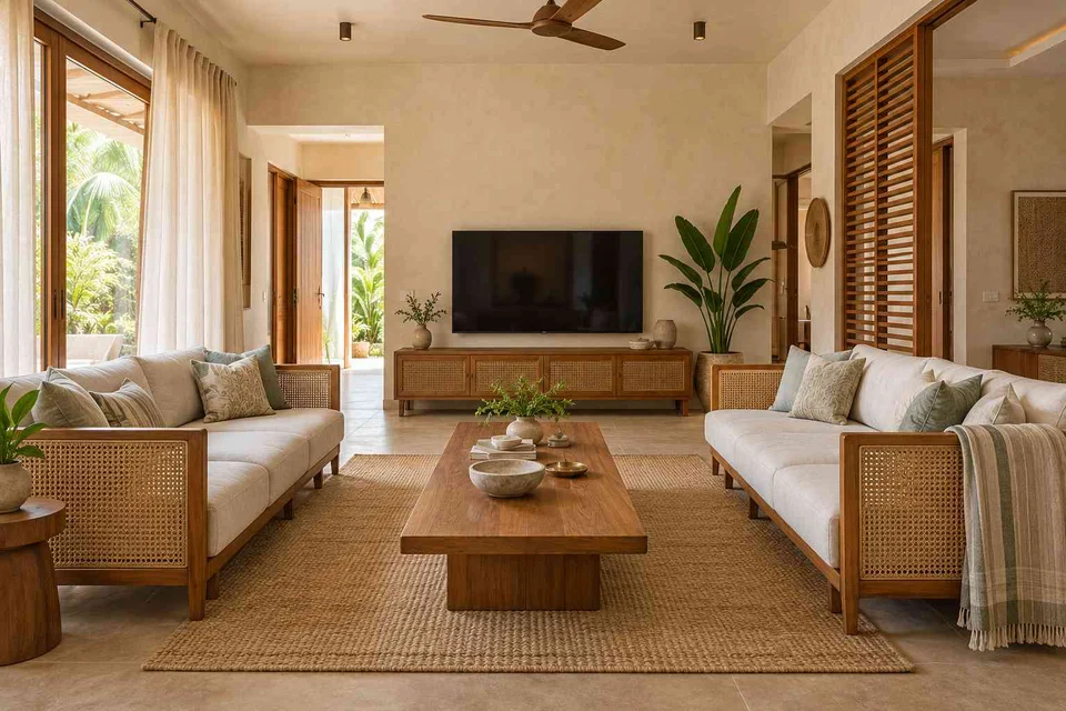 AI-generated living room design concept: parallel family sofas, coastal woven direction