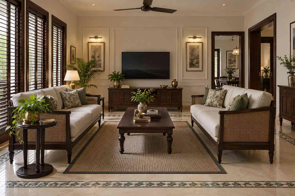 AI-generated living room design concept: parallel family sofas, colonial quiet direction