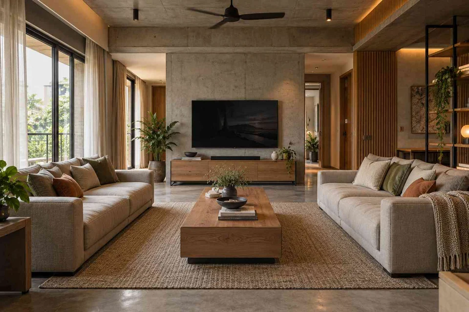 AI-generated living room design concept: parallel family sofas, concrete and oak direction