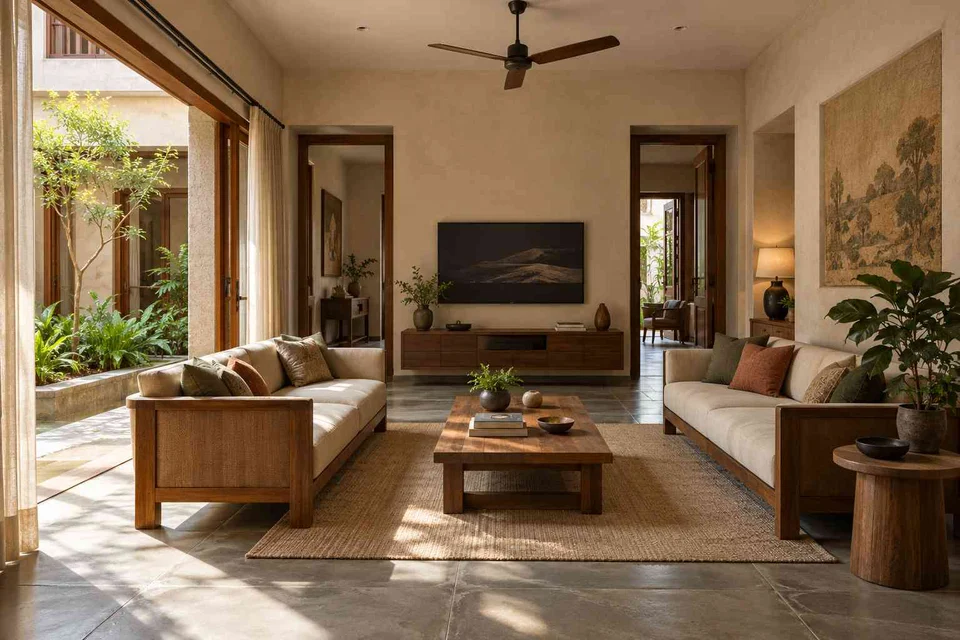 AI-generated living room design concept: parallel family sofas, courtyard modern direction