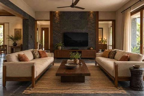 AI-generated living room design concept: parallel family sofas, deccan stone direction