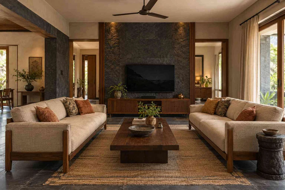 AI-generated living room design concept: parallel family sofas, deccan stone direction